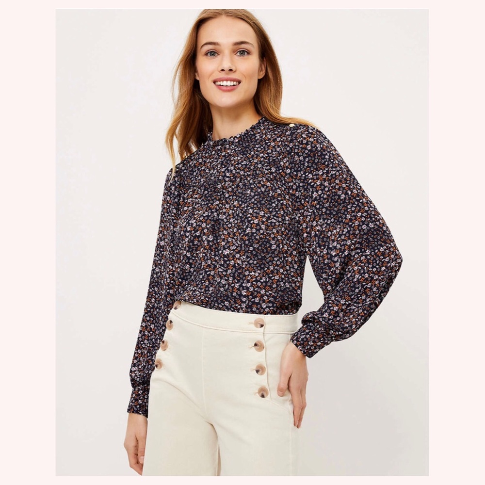 LOFT Floral Ruffle Neck Bib Blouse